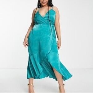 Flounce London Satin Wrap Maxi‎ Dress Womens 10 Emerald Wedding Guest Cocktail